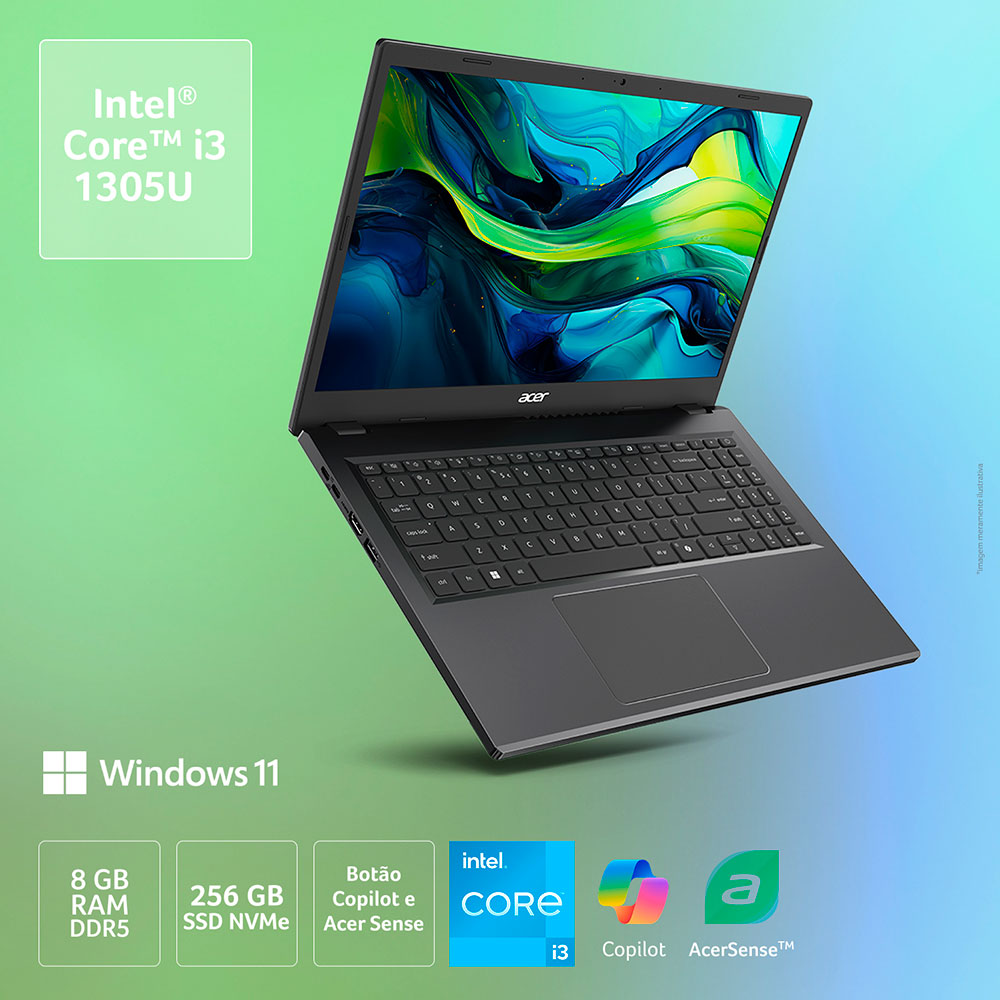 Mostrar detalhes de NOTEBOOK ACER ASPIRE GO 15 15,3" WUXGA AG15-51P-39MU/ I3-1305U/ 8GB/ 256GB/ WIN 11 HOME Imagem de NOTEBOOK ACER ASPIRE GO 15 15,3" WUXGA AG15-51P-39MU/ I3-1305U/ 8GB/ 256GB/ WIN 11 HOME