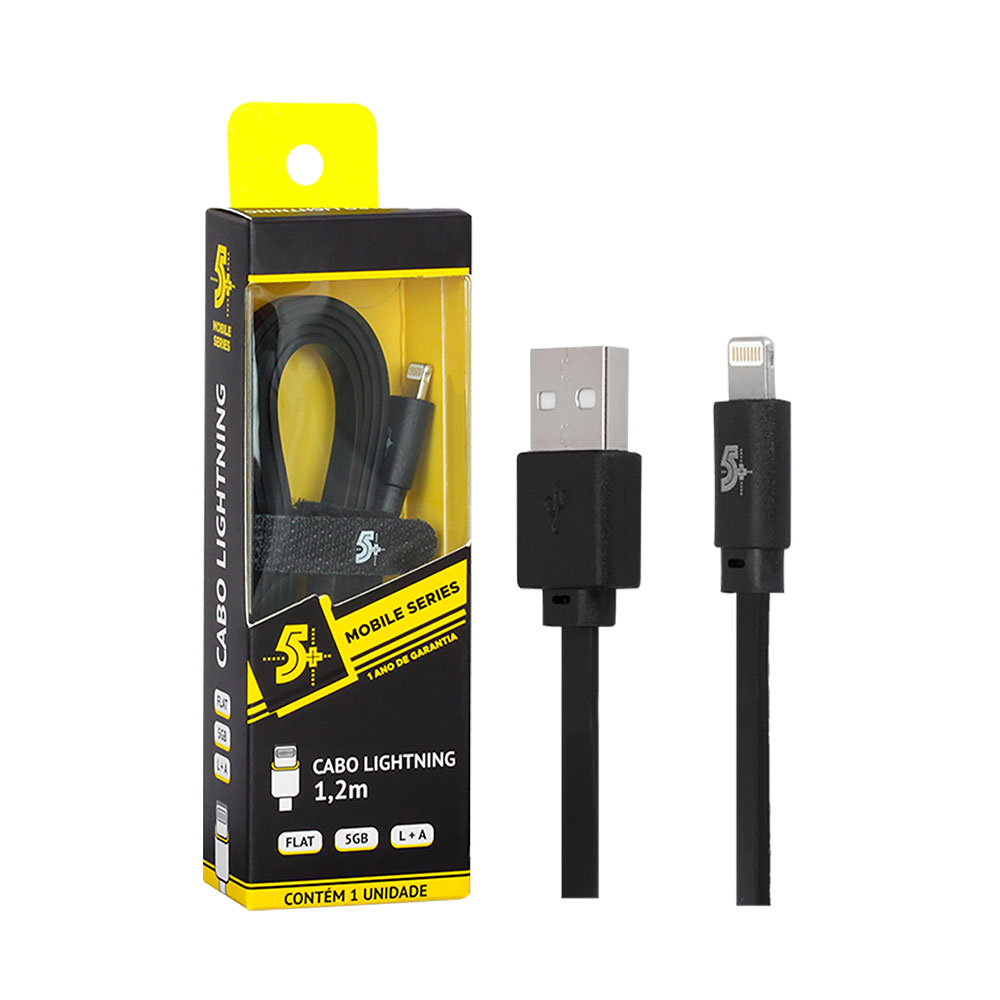 Imagem de CABO LIGHTNING PARA USB A 5GB FLAT 1.20M PRETO 5+ - 018-0032