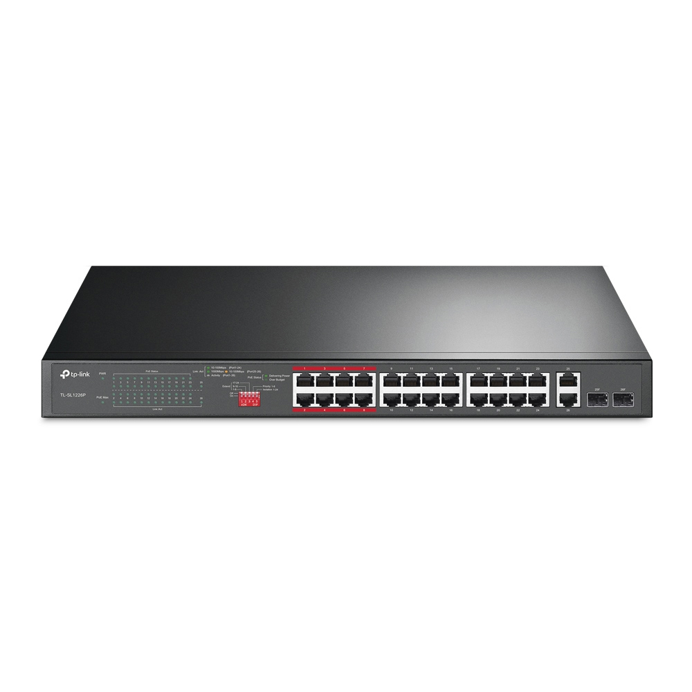 Imagem de SWITCH POE+ 24 PORTAS TP-LINK 10/100 Mbps e 2 PORTAS GIGABIT TL-SL1226P
