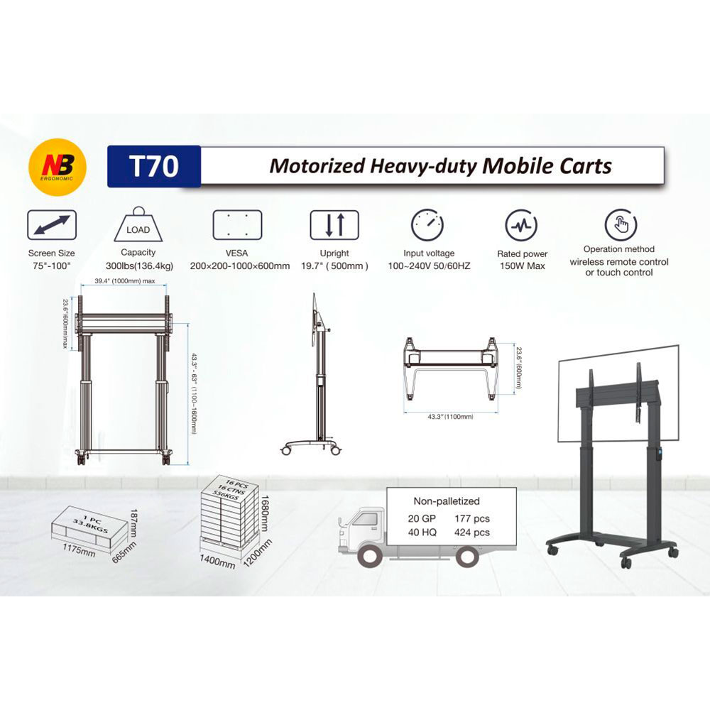 Imagem de SUPORTE PEDESTAL NORTH BAYOU ATE 110" COM MOTORIZACAO (136,4KG) VESA 1000X600 - T70