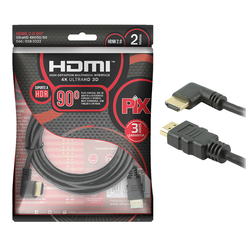 Mostrar detalhes de CABO HDMI 2MTS VERSAO 2.0 4K 19 PINOS PLUG 90 GRAUS PRETO PIX - 018-3322 Imagem de CABO HDMI 2MTS VERSAO 2.0 4K 19 PINOS PLUG 90 GRAUS PRETO PIX - 018-3322