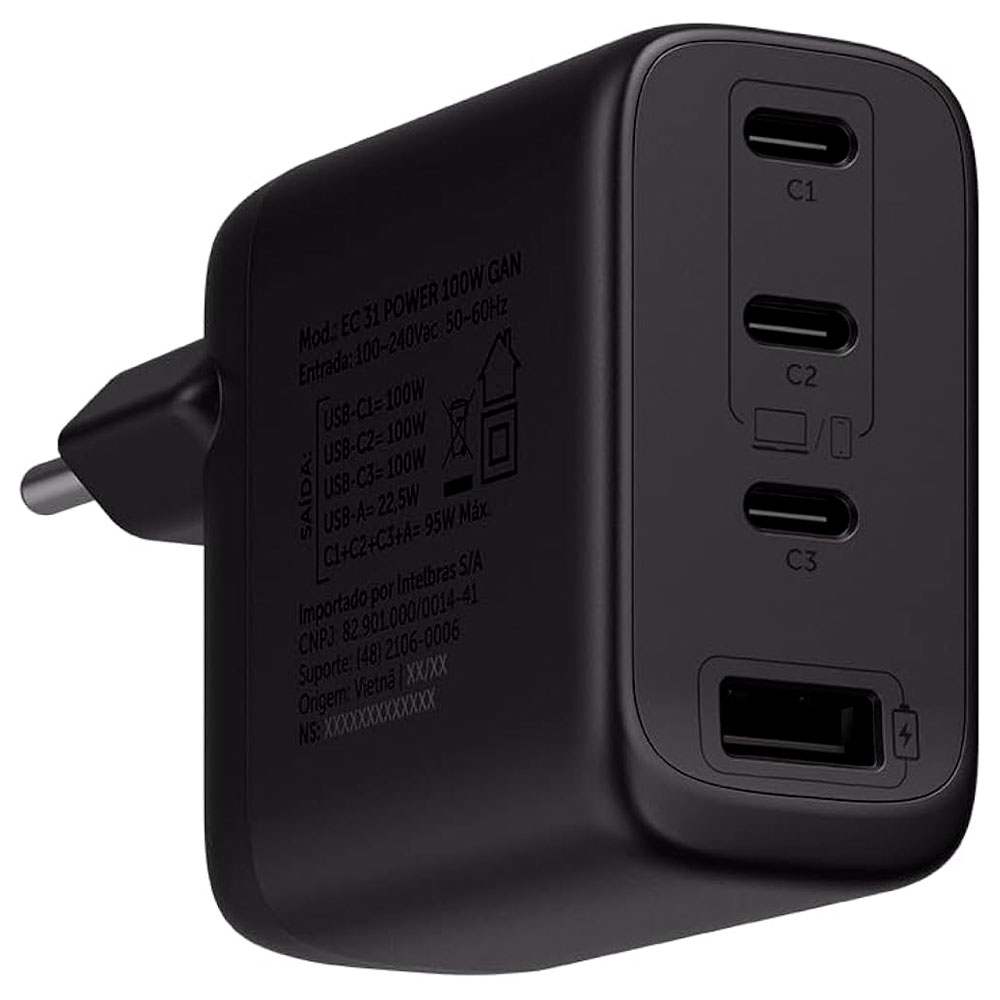 Imagem de CARREGADOR INTELBRAS EC 31 POWER 100W GAN 3P USB-C MAIS 1P USB-A - 4820193