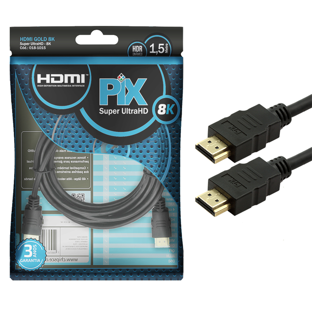 Mostrar detalhes de CABO HDMI GOLD 2.1 CHIP SCE 8K HDR 19P 1.5M PRETO PIX - 018-1015 Imagem de CABO HDMI GOLD 2.1 CHIP SCE 8K HDR 19P 1.5M PRETO PIX - 018-1015