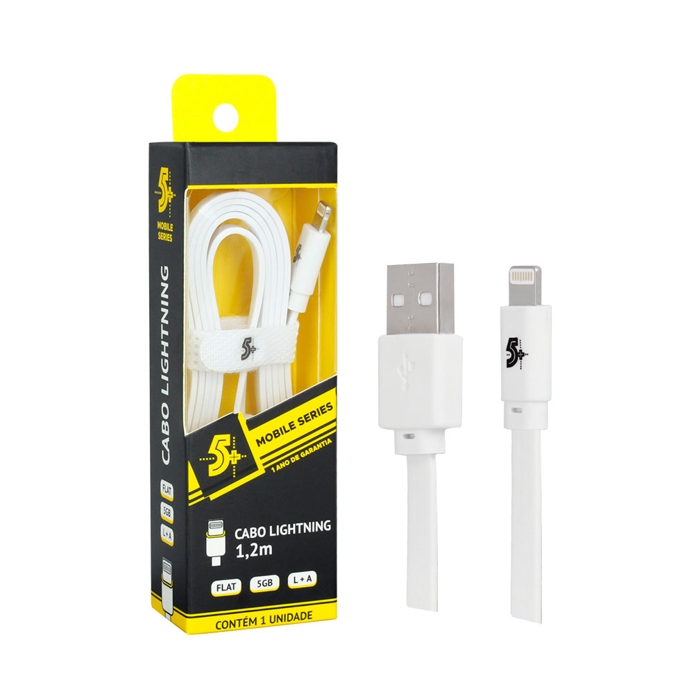 Imagem de CABO LIGHTNING PARA USB A 5GB FLAT 1.20M BRANCO 5+ - 018-0031