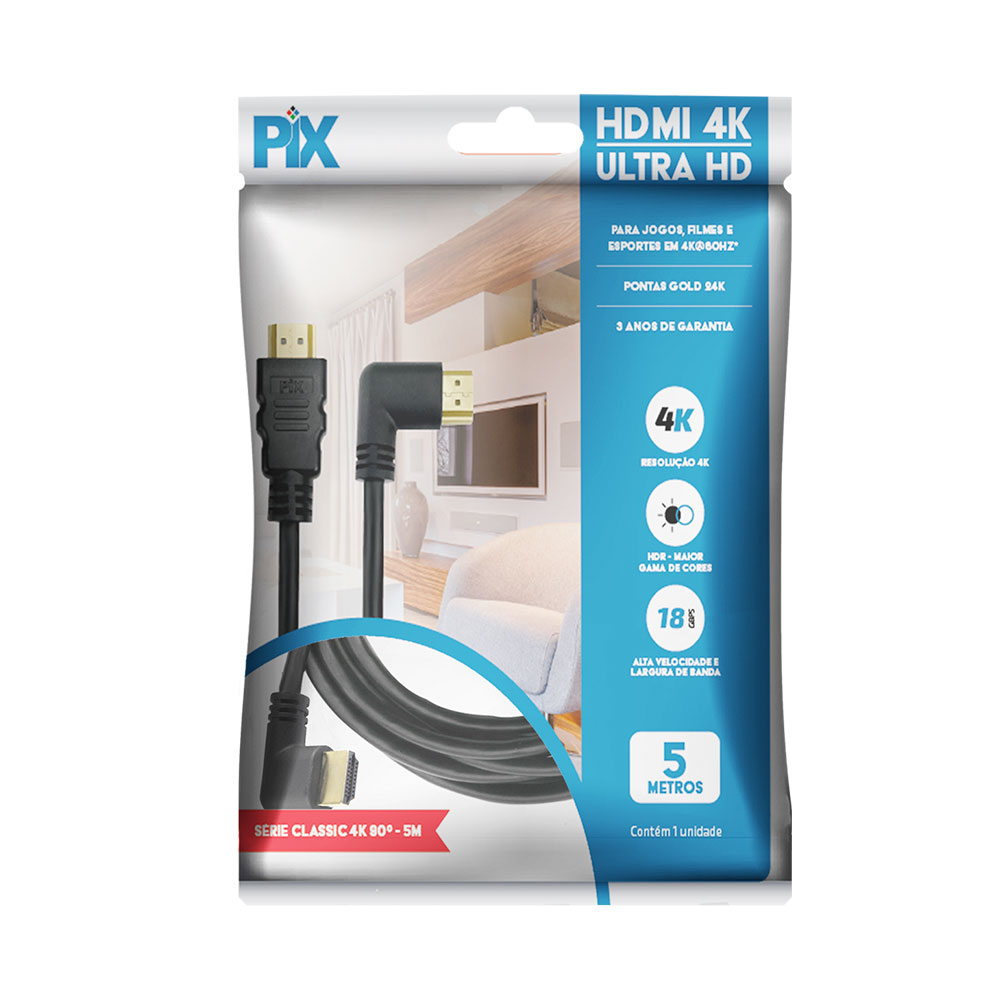 Imagem de CABO HDMI 2.0 4K HDR 19P 5M 90 GRAUS PIX - 018-3325