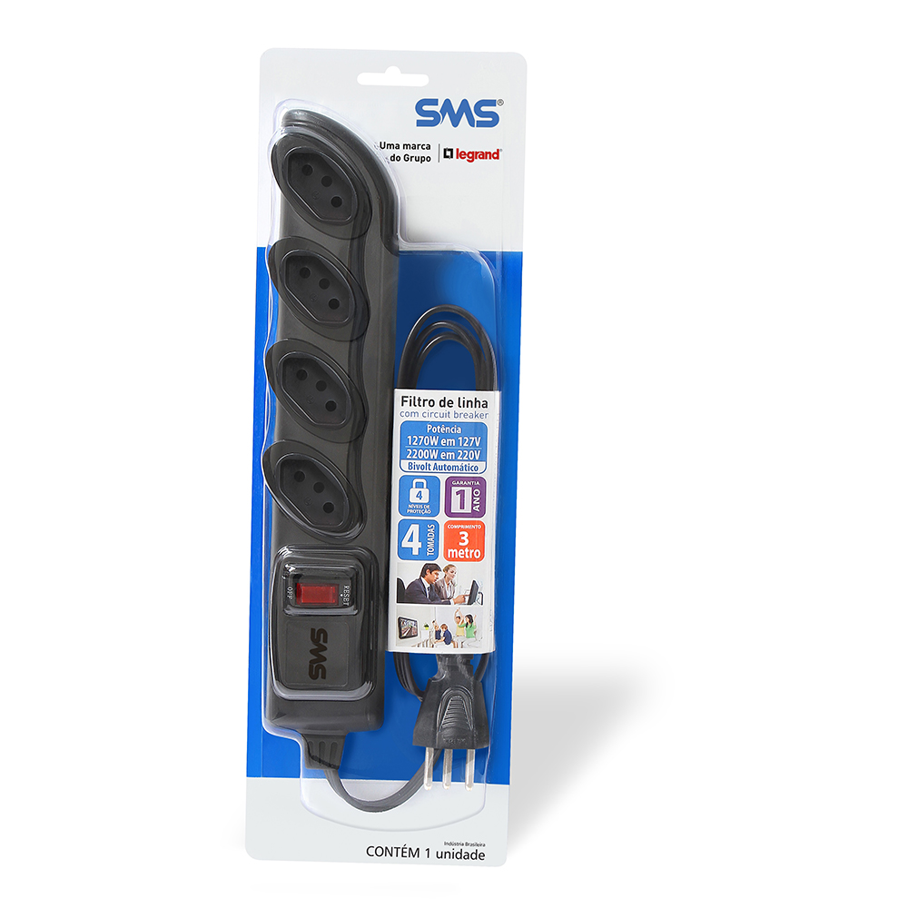 Imagem de FILTRO DE LINHA SMS 62329 BIVOLT 4T CABO 3M PRETO BLISTER