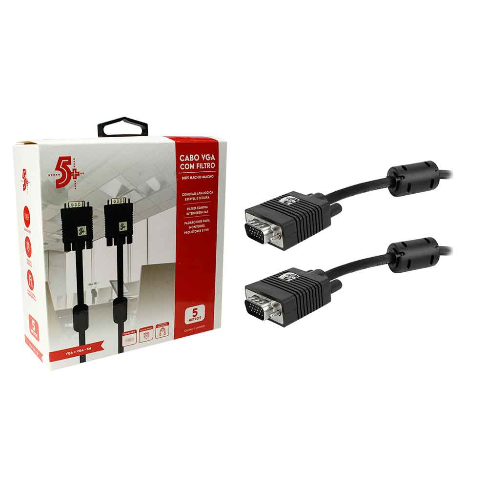 Imagem de CABO VGA MACHO + VGA MACHO COM FILTRO PRETO 5M 5+ - 018-9574