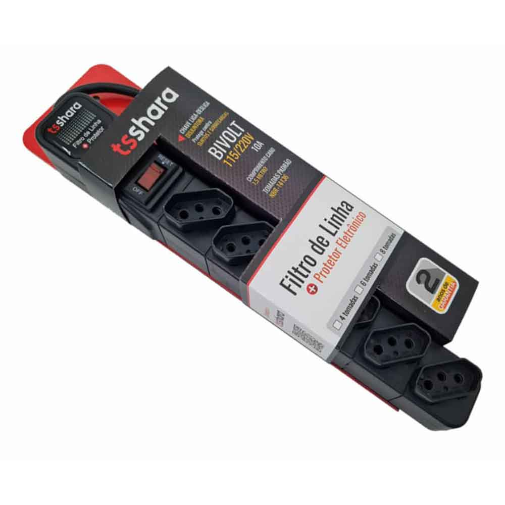 Imagem de FILTRO DE LINHA TS SHARA + PROTETOR 6 TOMADAS BIVOLT CABO 1,5M PRETO - 554