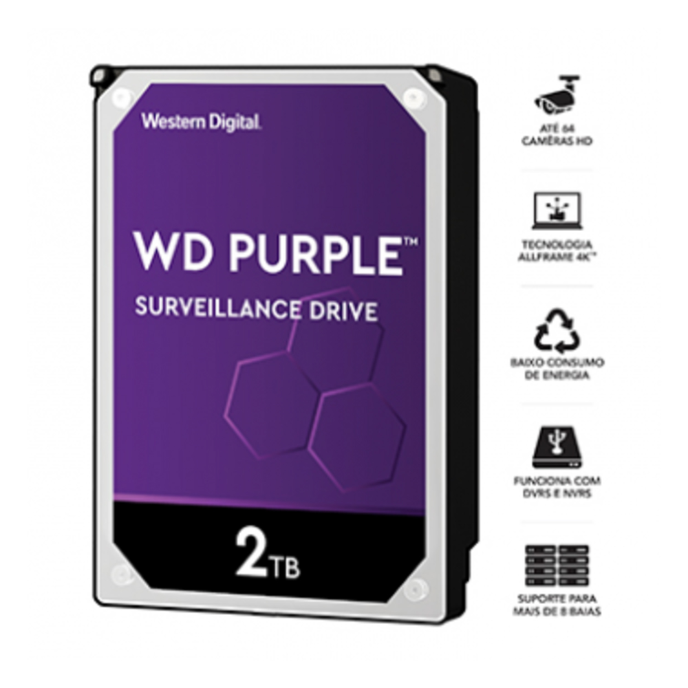 Mostrar detalhes de HDD WD PURPLE 2 TB PARA SEGURANCA / VIGILANCIA / DVR - WD23PURZ Imagem de HDD WD PURPLE 2 TB PARA SEGURANCA / VIGILANCIA / DVR - WD23PURZ