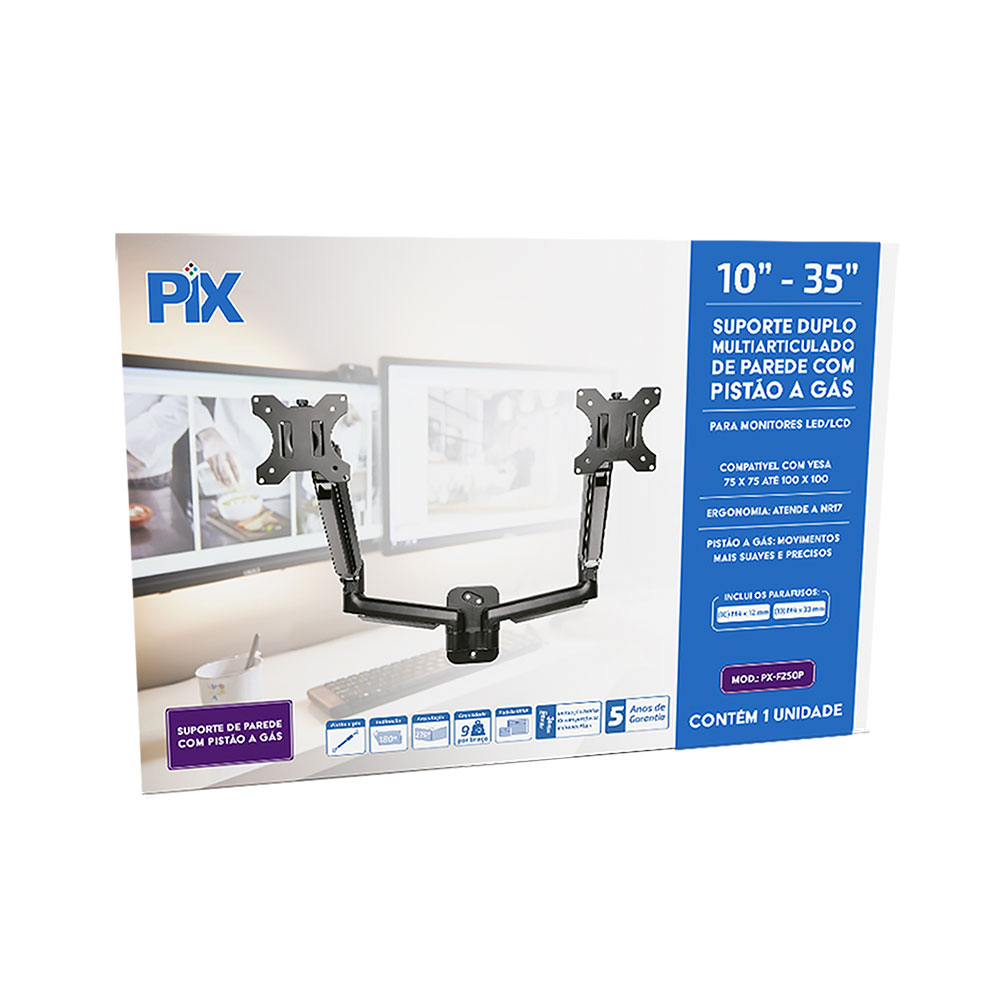 Imagem de SUPORTE MONITOR COM PISTAO A GAS DE PAREDE PARA 2 MONITORES 10" A 35" PIX - 079-0091